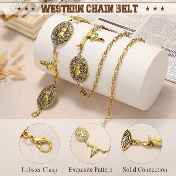 Western Metal Concho Belt For Women Vintage Cowgirl Boho Turquoise Chain Belts🦏 - Picture 2 of 7